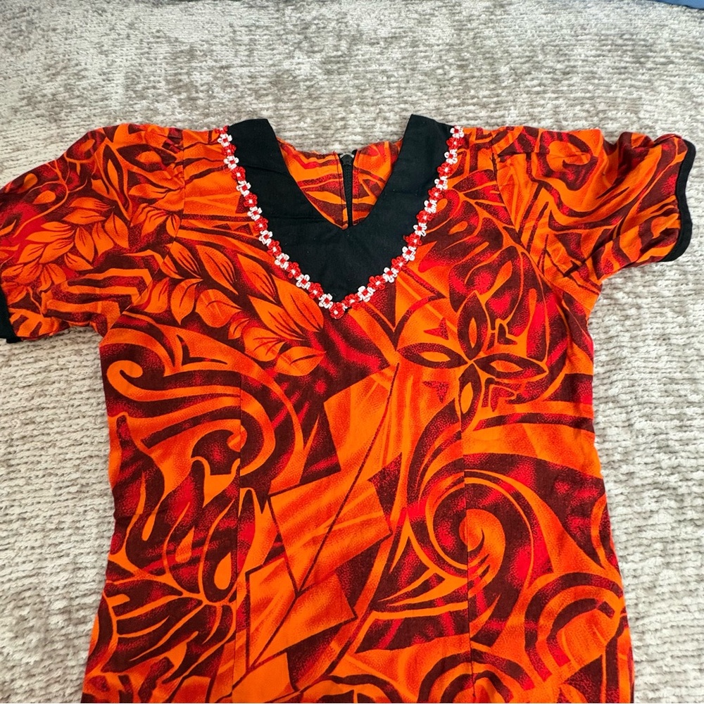 Vintage Hawaiian Print Youth Handmade Vibrant Orange and Black Patterned Dress
